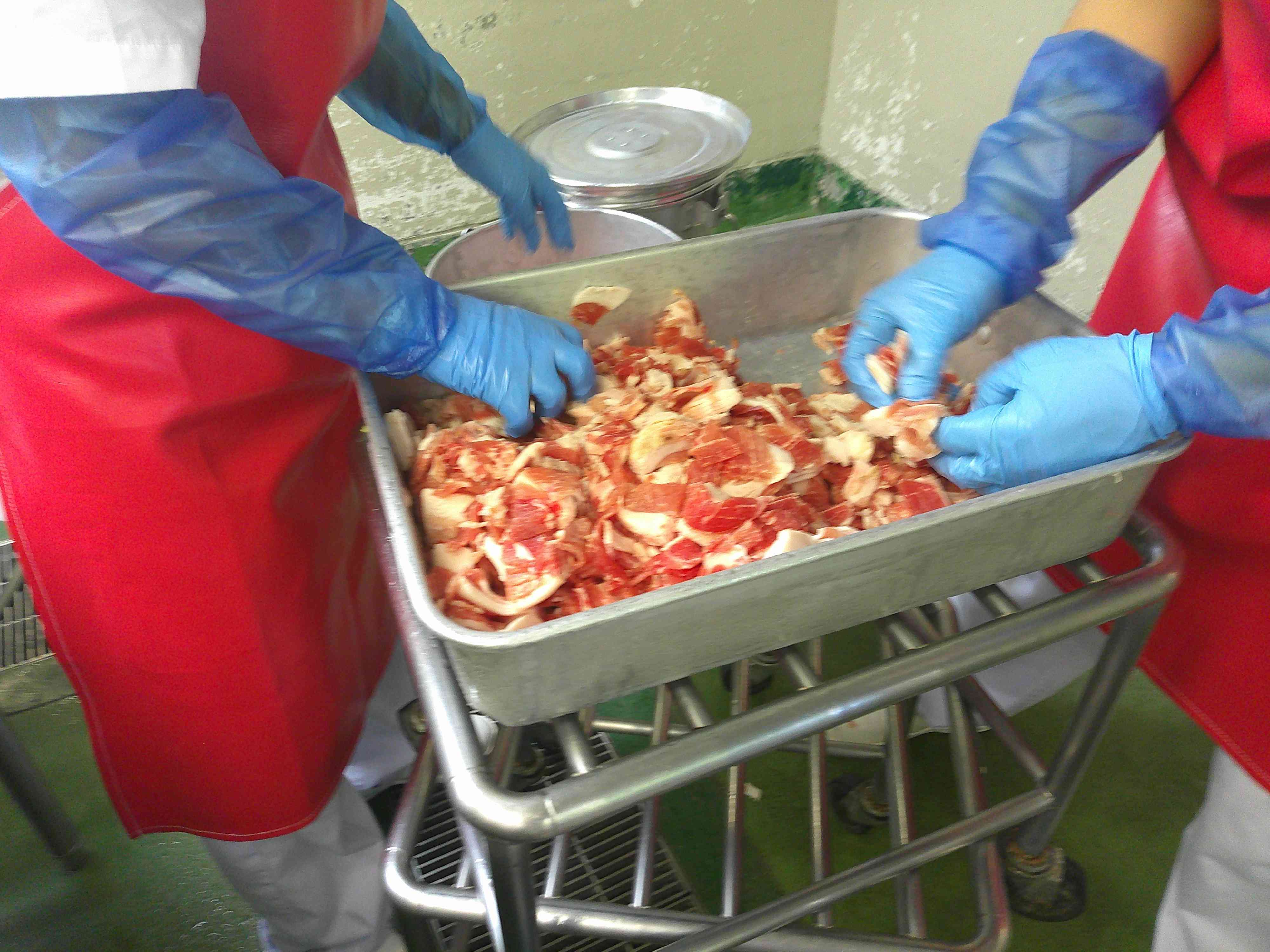 1001豚肉をほぐしながら異物確認をするようす（写真）